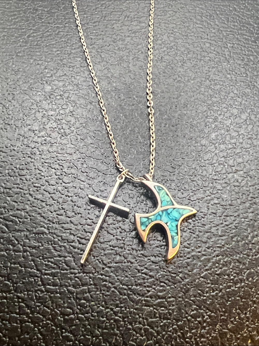 Silver plated Bird Pendant Necklace with Turquoise Inlay and Cross